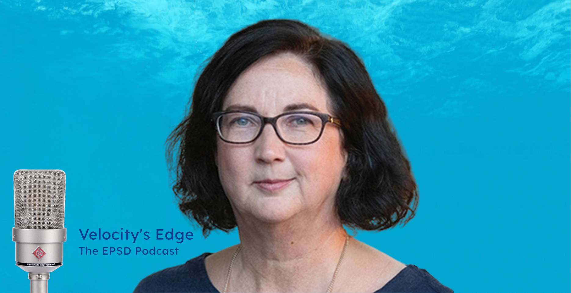A portrait of Sarah Wells on a background of blue water with the Velocitys Edge logo
